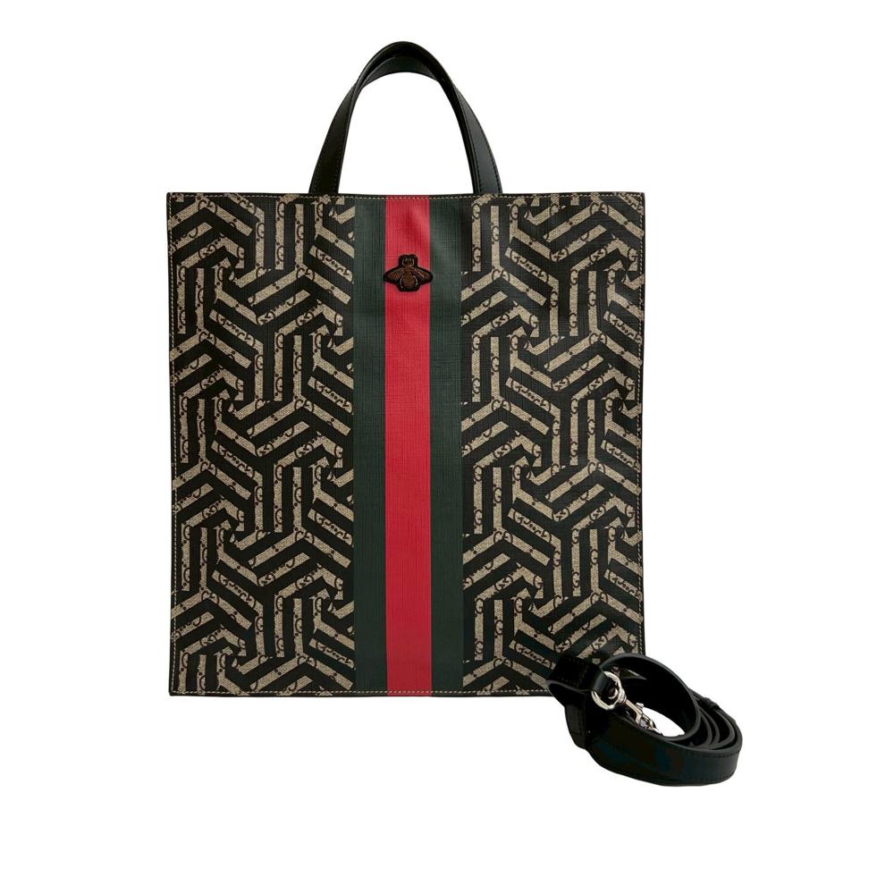 Gucci B Gucci Brown Beige Coated Canvas Fabric GG Supreme Caleido Web Vertical Tote Italy
