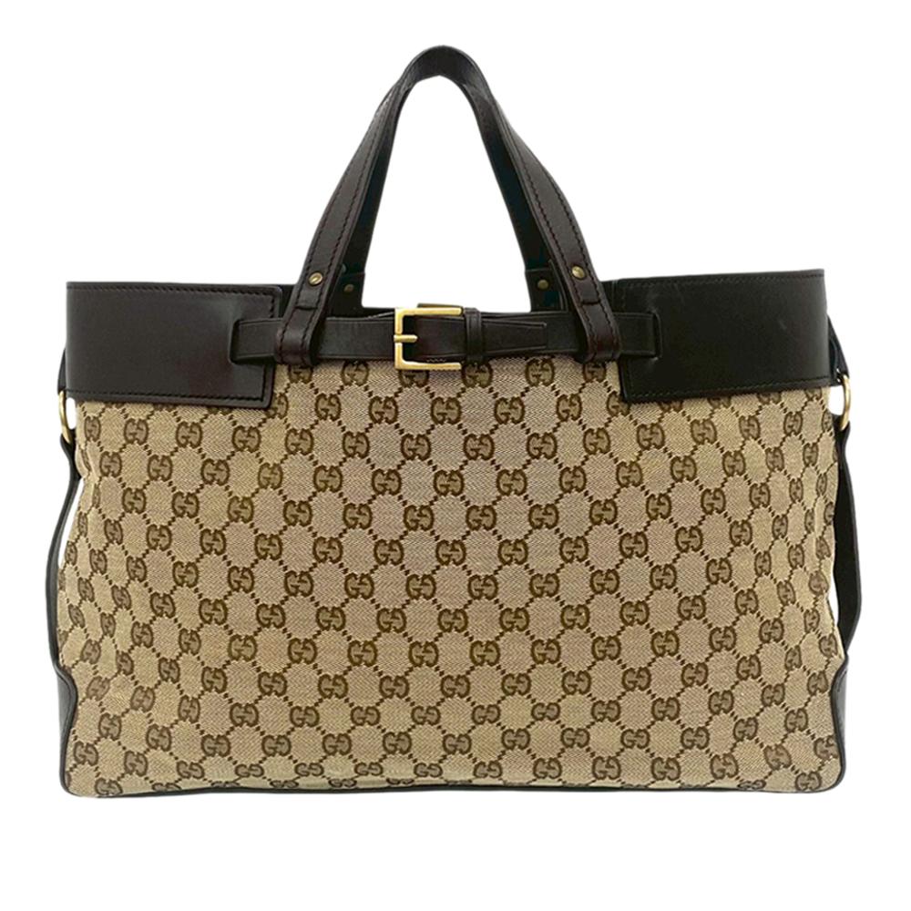 Gucci B Gucci Brown Beige Canvas Fabric GG Tote Italy