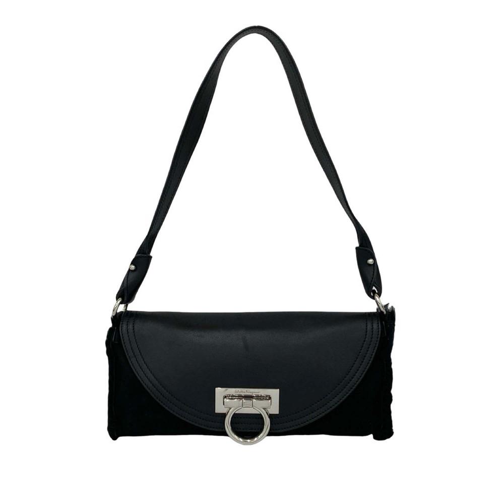 Ferragamo AB Ferragamo Black Suede Leather and Calfskin Gancini Shoulder Bag Italy