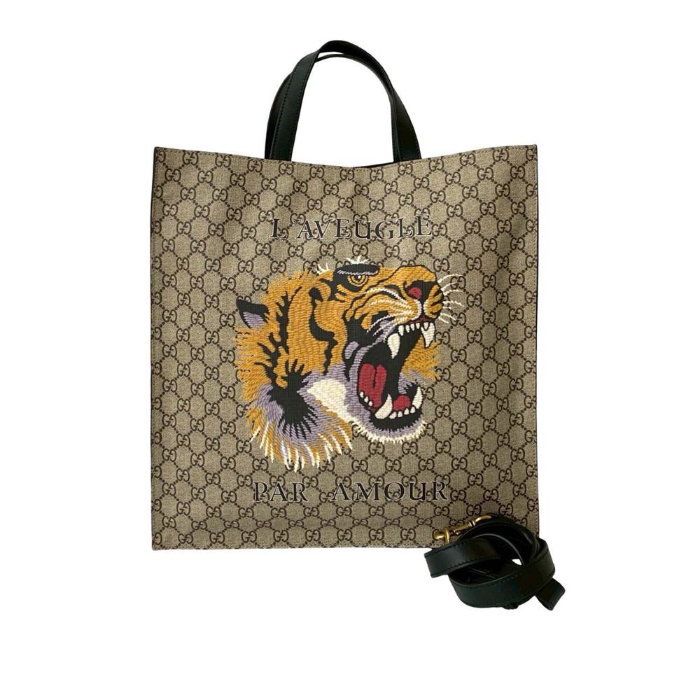 Gucci AB Gucci Brown Beige Coated Canvas Fabric GG Supreme LAveugle Par Amour Tote Italy