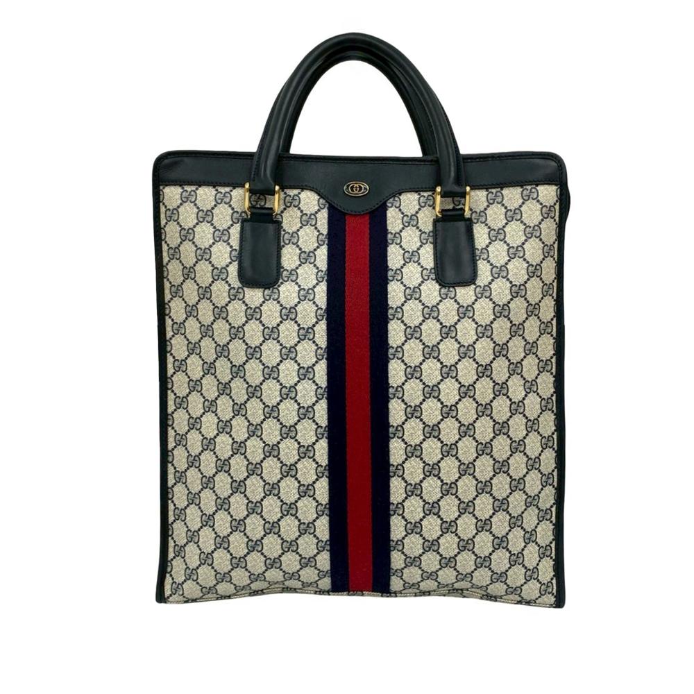 Gucci B Gucci Brown Beige Coated Canvas Fabric GG Supreme Web Tote Italy