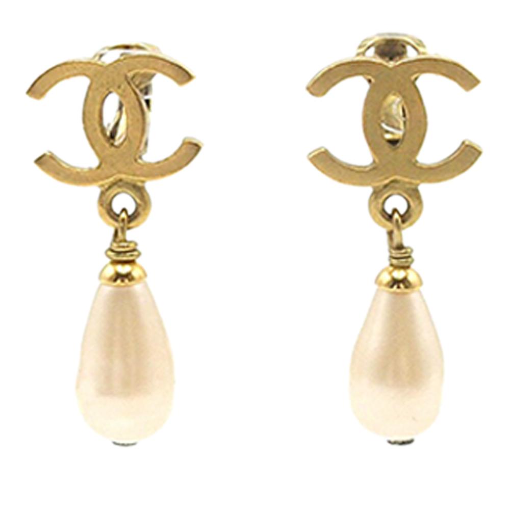 Chanel AB Chanel Gold with White Pearl Gold Plated Metal CC Faux Pearl Drop Clip on Earrings France