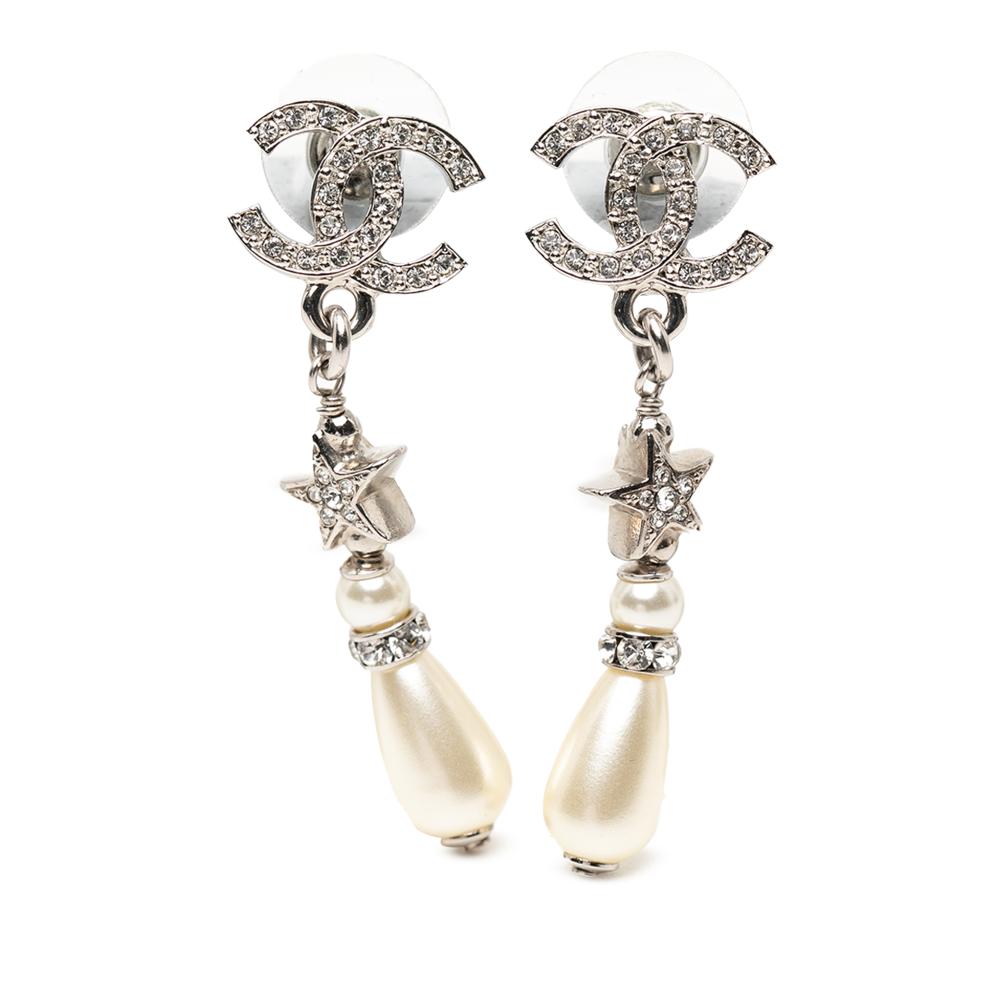 Chanel AB Chanel Silver Silver Plated Metal CC Rhinestones Faux Pearl Star Drop Push Back Earrings France