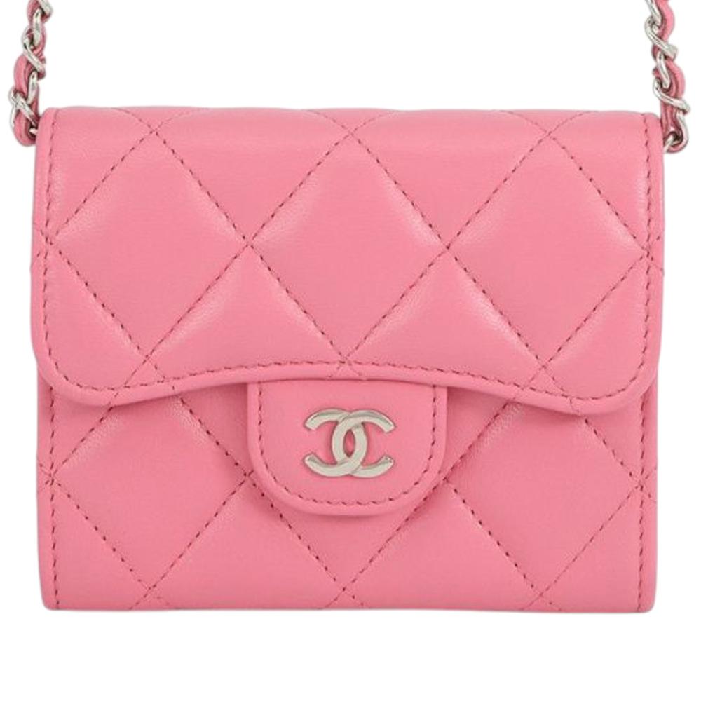 Chanel AB Chanel Pink Lambskin Leather Leather CC Quilted Lambskin Flap Card Holder on Chain Spain
