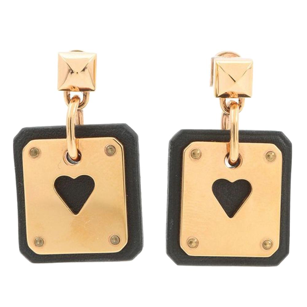 Hermès AB Hermès Gold with Black Gold Plated Metal Swift As De Coeur Push Back Earrings France