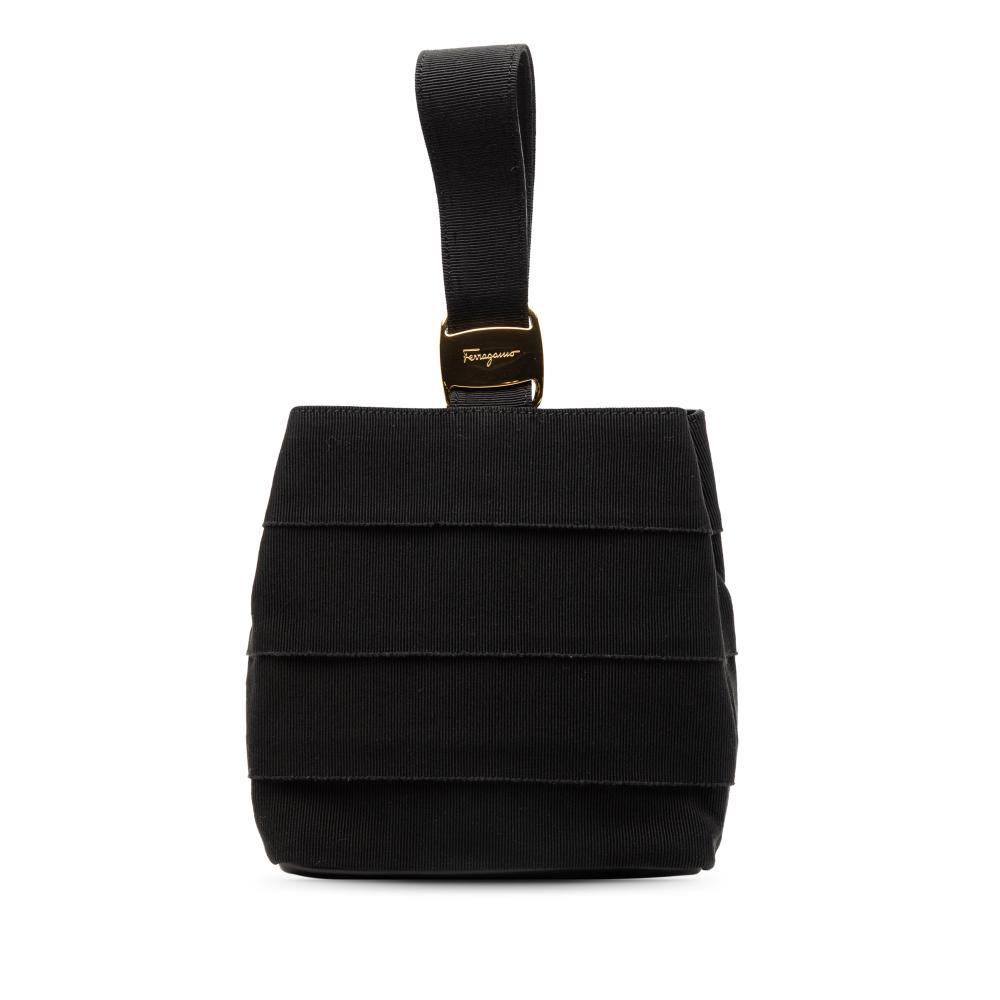 Ferragamo AB Ferragamo Black Nylon Fabric Tiered Grosgrain Vara Handbag Italy