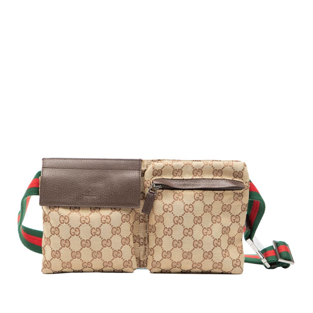 Gucci B Gucci Brown Beige Canvas Fabric GG Web Double Pocket Belt Bag Italy