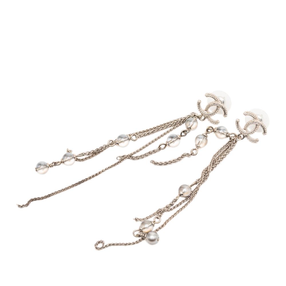 Chanel B Chanel Gold Light Gold Gold Plated Metal CC Faux Pearl Chain Drop Push Back Earrings France