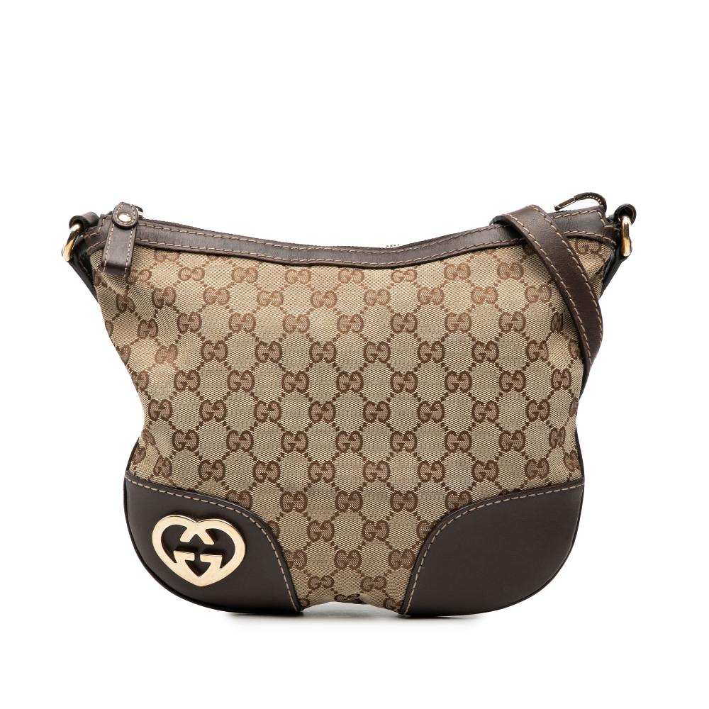 Gucci B Gucci Brown Beige Canvas Fabric GG Lovely Crossbody Italy