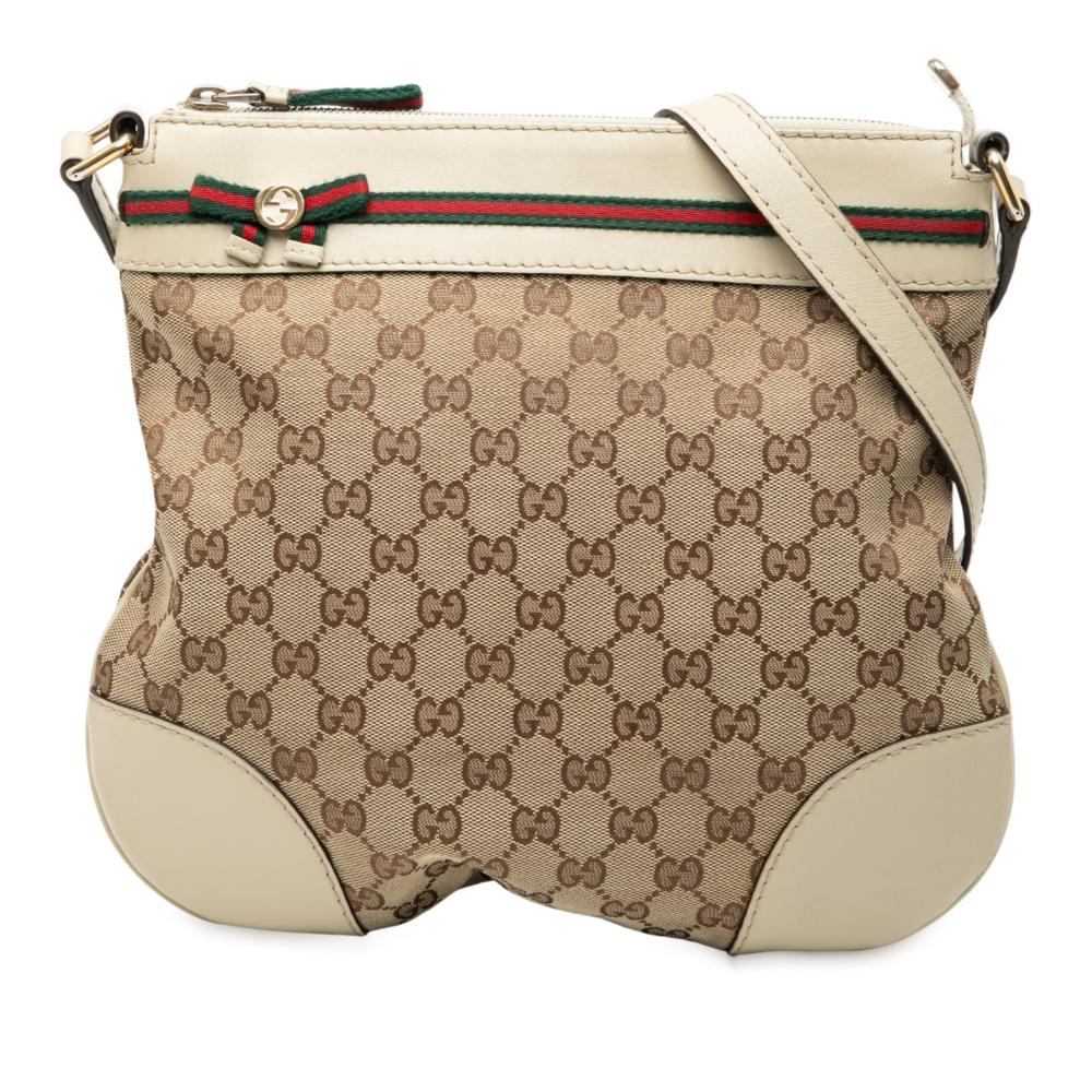 Gucci B Gucci Brown Beige with White Canvas Fabric GG Web Mayfair Crossbody Italy