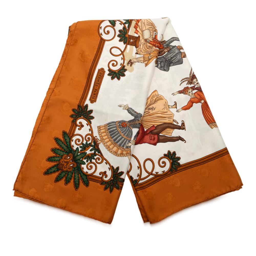 Hermès B Hermès White with Brown Silk Fabric Joies d Hiver Scarf France