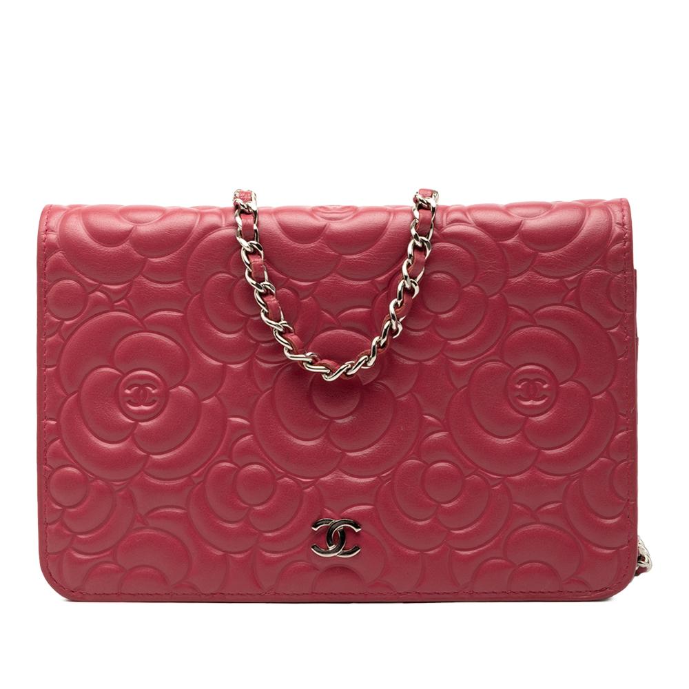 Chanel Pink Dark Pink Lambskin Leather Leather CC Embossed Lambskin Camellia Wallet On Chain Italy