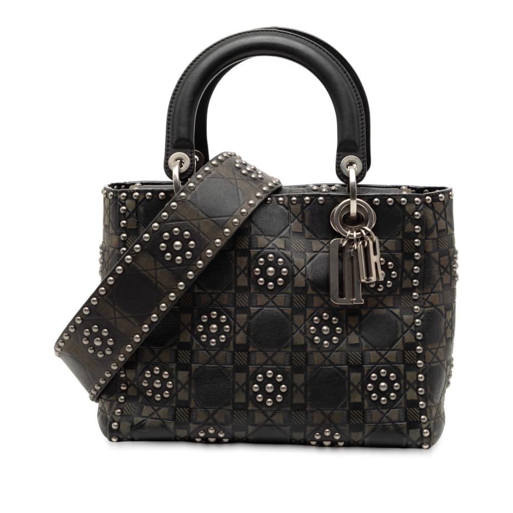 Christian Dior B Dior Black Calf Leather Medium skin Cannage Embossed Flower Studded Supple Lady Dior Italy