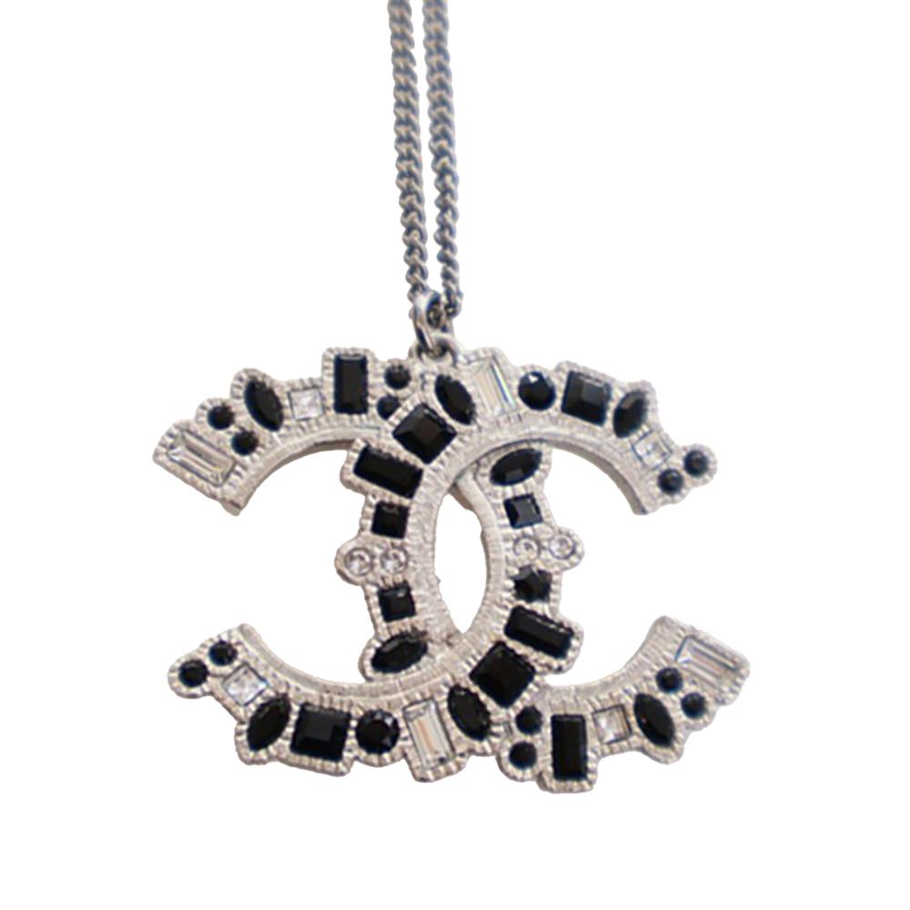 Chanel AB Chanel Silver with Black Silver Metal Ruthenium Plated CC Crystal Pendant Necklace France
