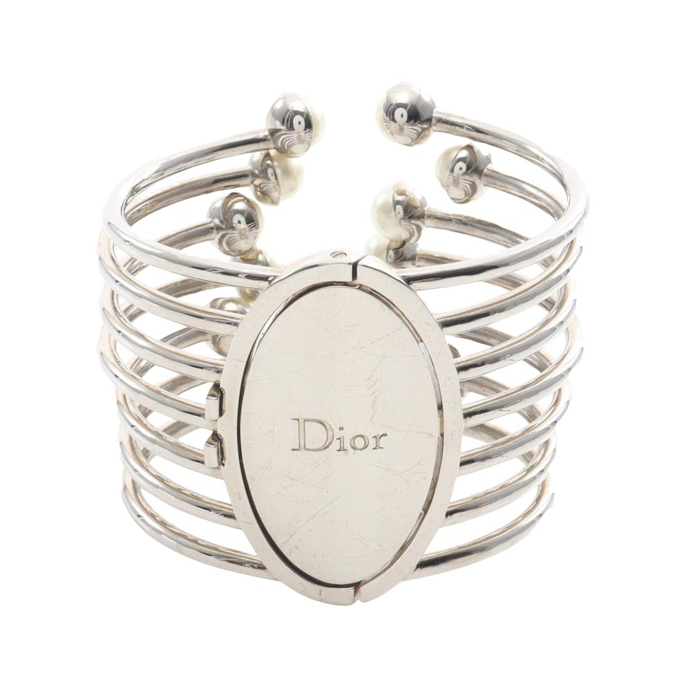 Christian Dior B Dior Silver with White Pearl Palladium Metal Plated Faux Pearl Diorific Bangle Bracelet France