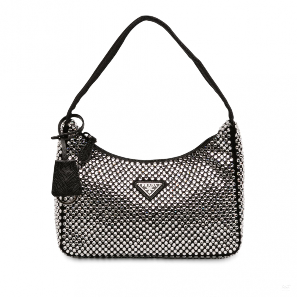 Prada Re-Edition 2000 Satin & Crystal Pouch Crossbody Black