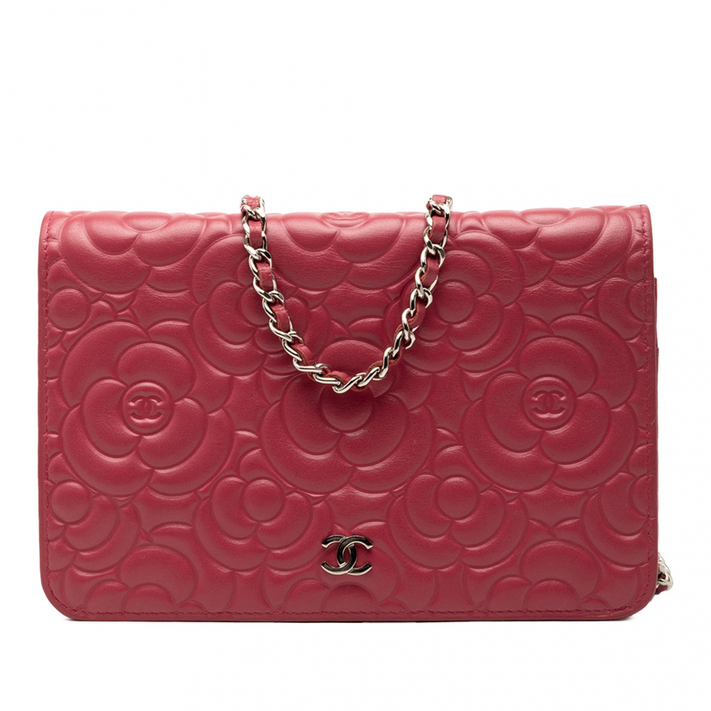 Chanel WOC Lambskin Leather Camellia Embossed Flap Crossbody Pink