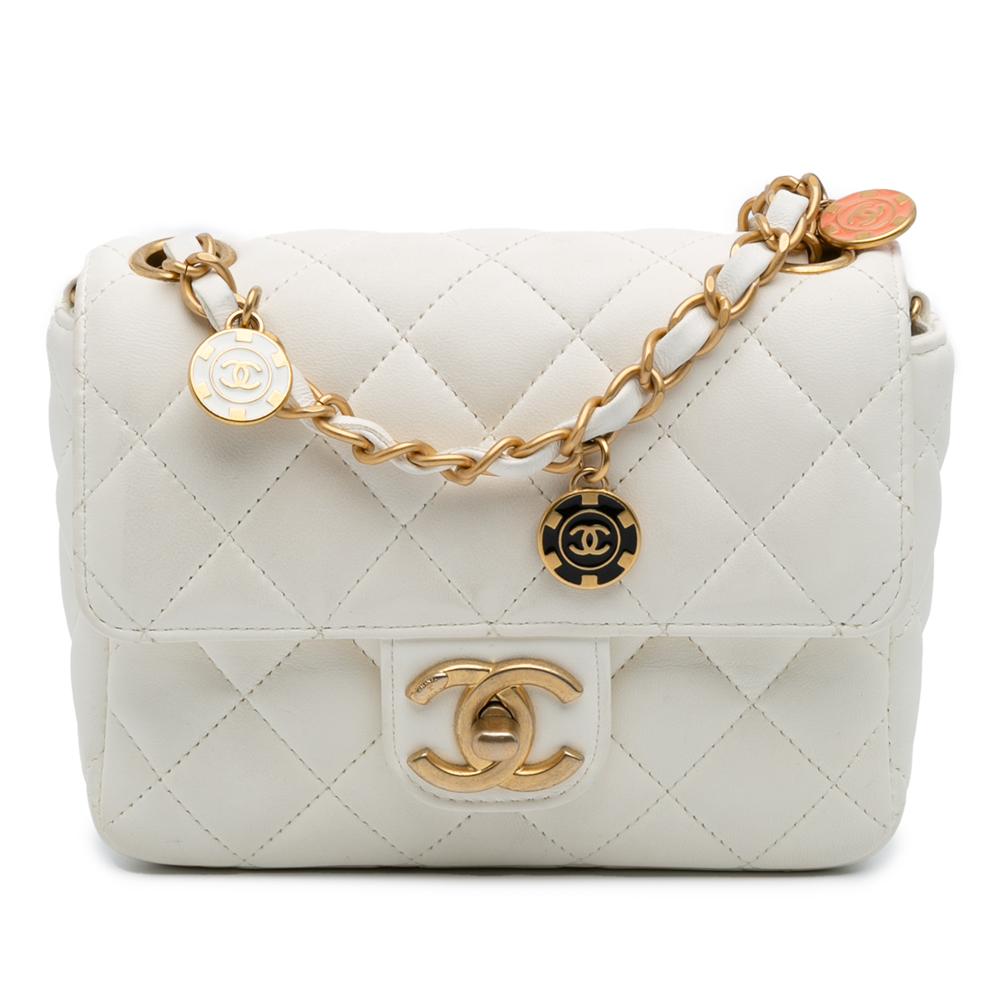 Chanel White Mini Square Classic Lambskin Casino Royale Charms Single Flap France
