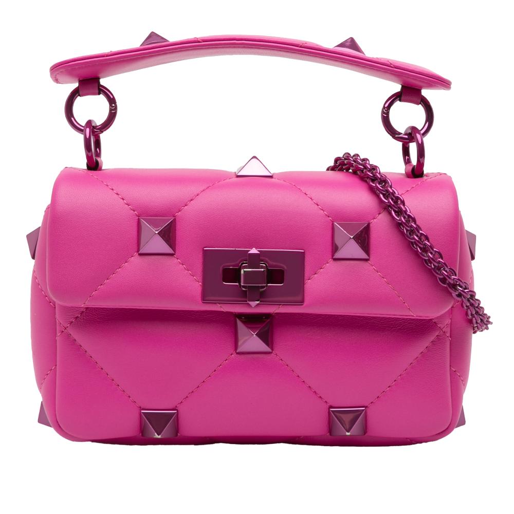 Valentino Pink Small Nappa Lacquer Monochrome Roman Stud Satchel Italy