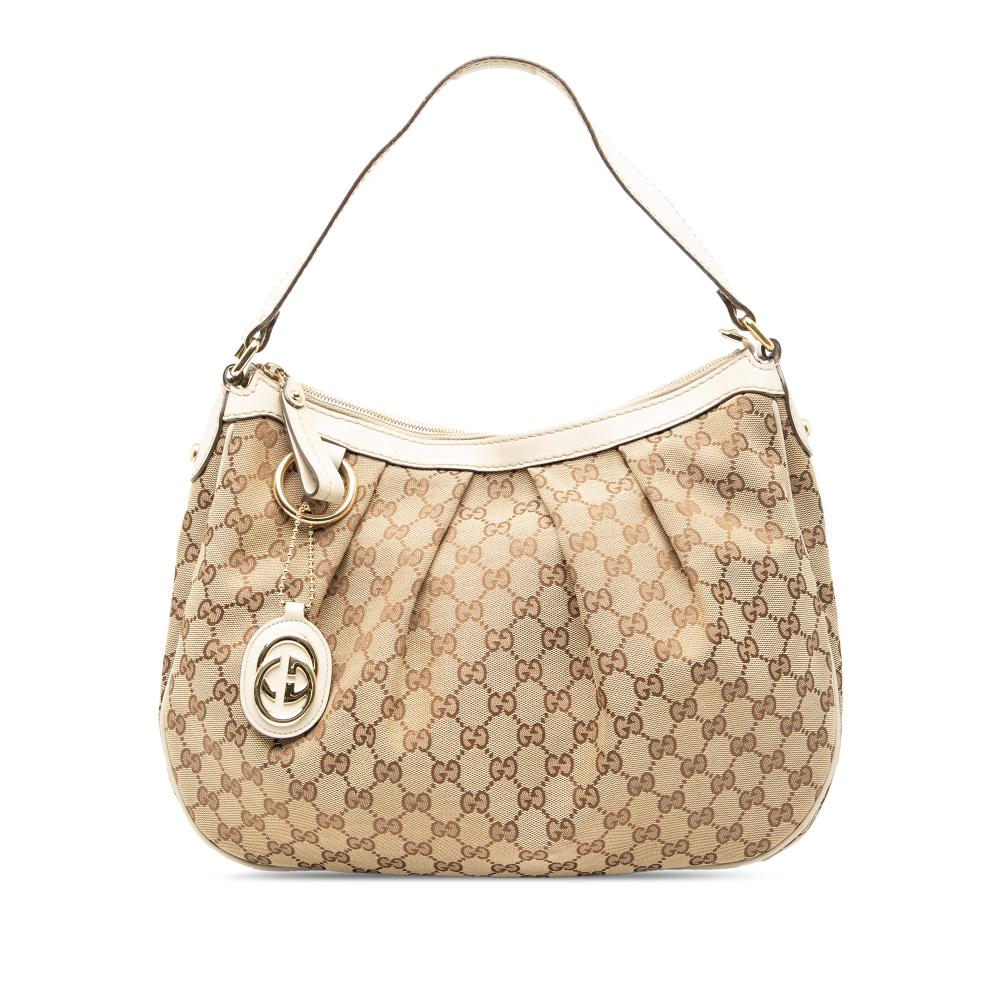Gucci B Gucci Brown Beige Canvas Fabric GG Sukey Shoulder Bag Italy