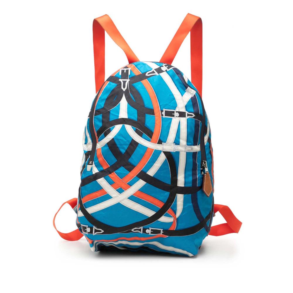 Hermès AB Hermès Blue with Orange Red Orange Silk Fabric and Barenia Cavalcadour Airsilk Backpack France