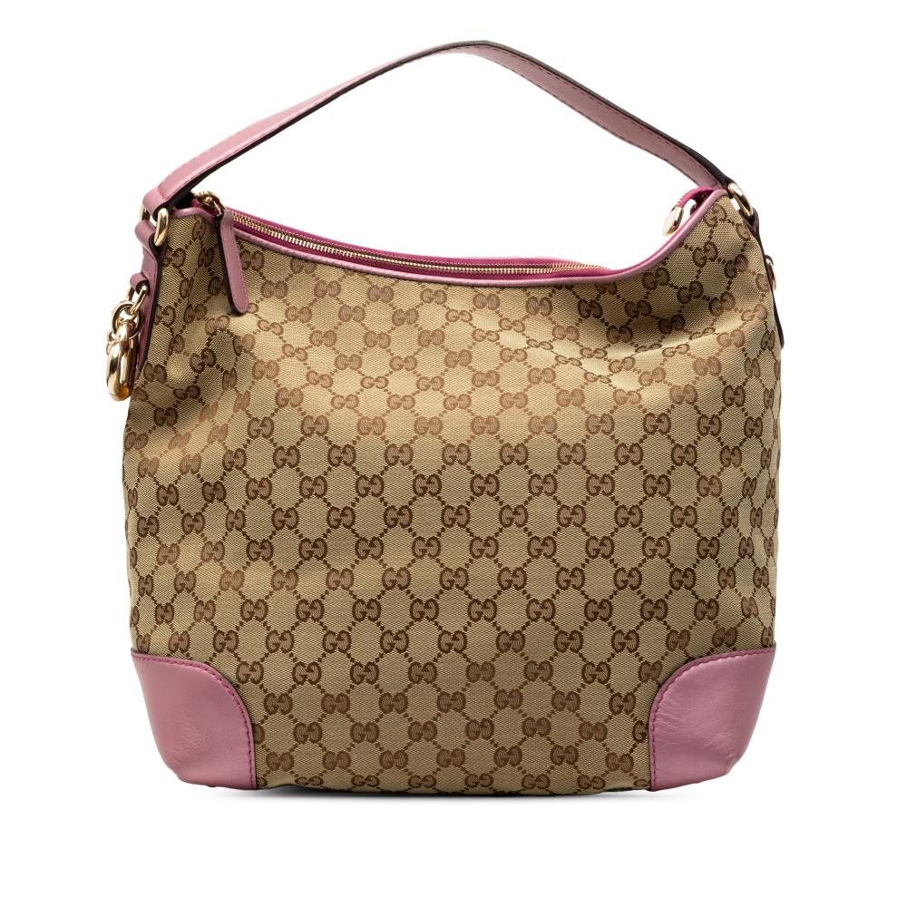 Gucci B Gucci Brown Beige Canvas Fabric GG Heart Bit Shoulder Bag Italy
