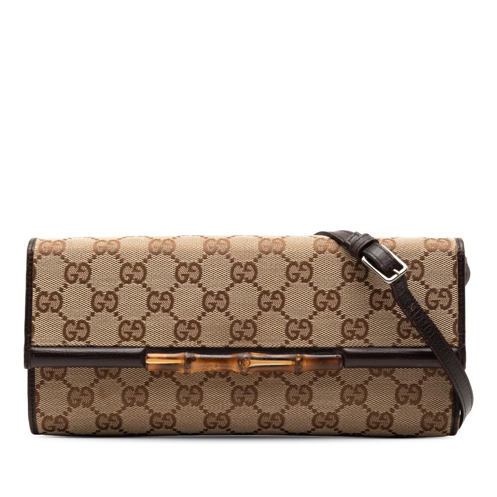 Gucci AB Gucci Brown Beige Canvas Fabric GG Bamboo Bar Crossbody Italy
