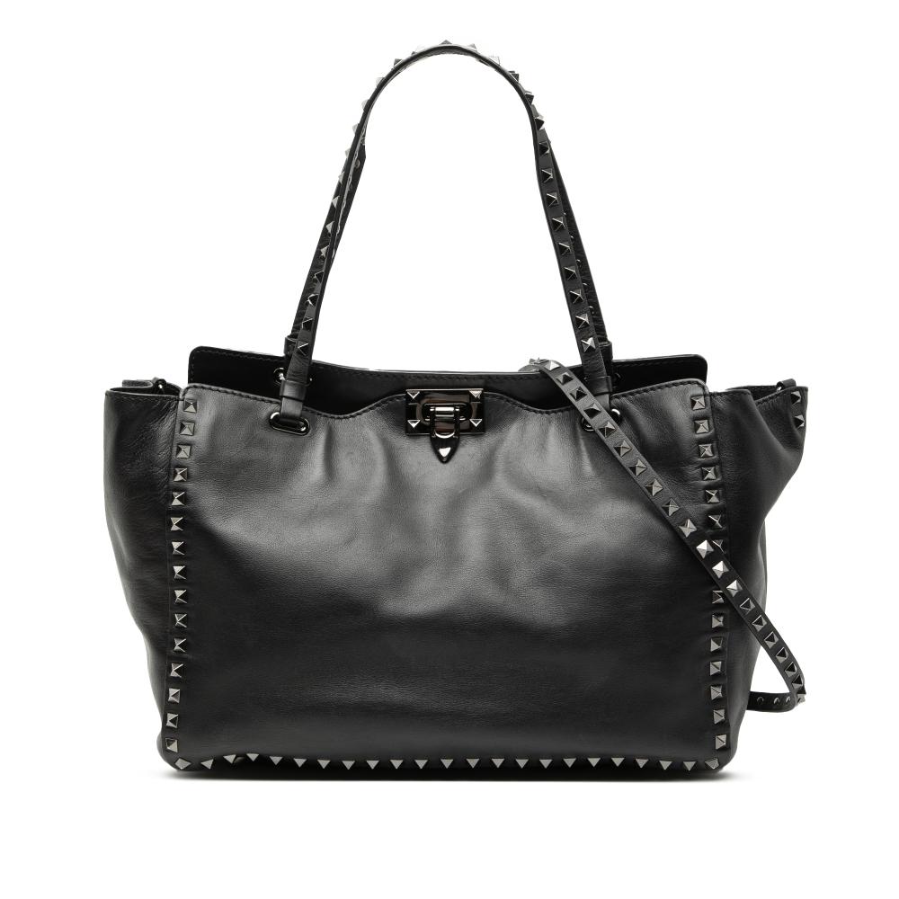 Valentino B Valentino Black Calf Leather Medium Rockstud Trapeze Satchel Italy