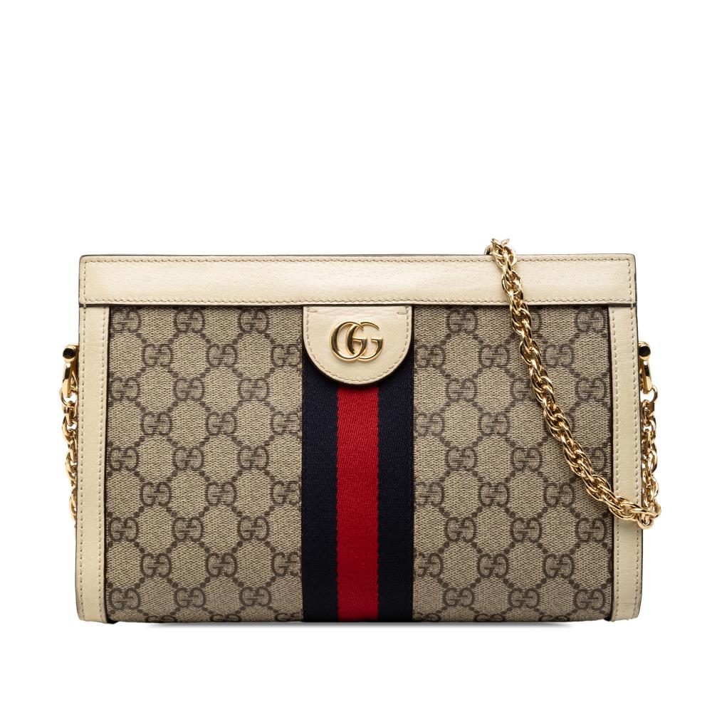 Gucci B Gucci Brown Beige Coated Canvas Fabric Small GG Supreme Web Ophidia Chain Crossbody Italy