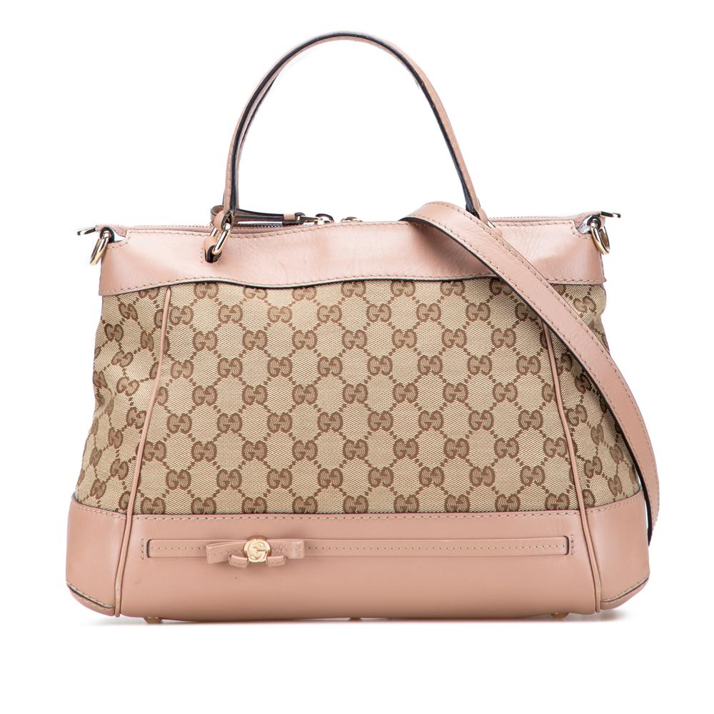 Gucci B Gucci Brown Beige Canvas Fabric GG Mayfair Satchel Italy