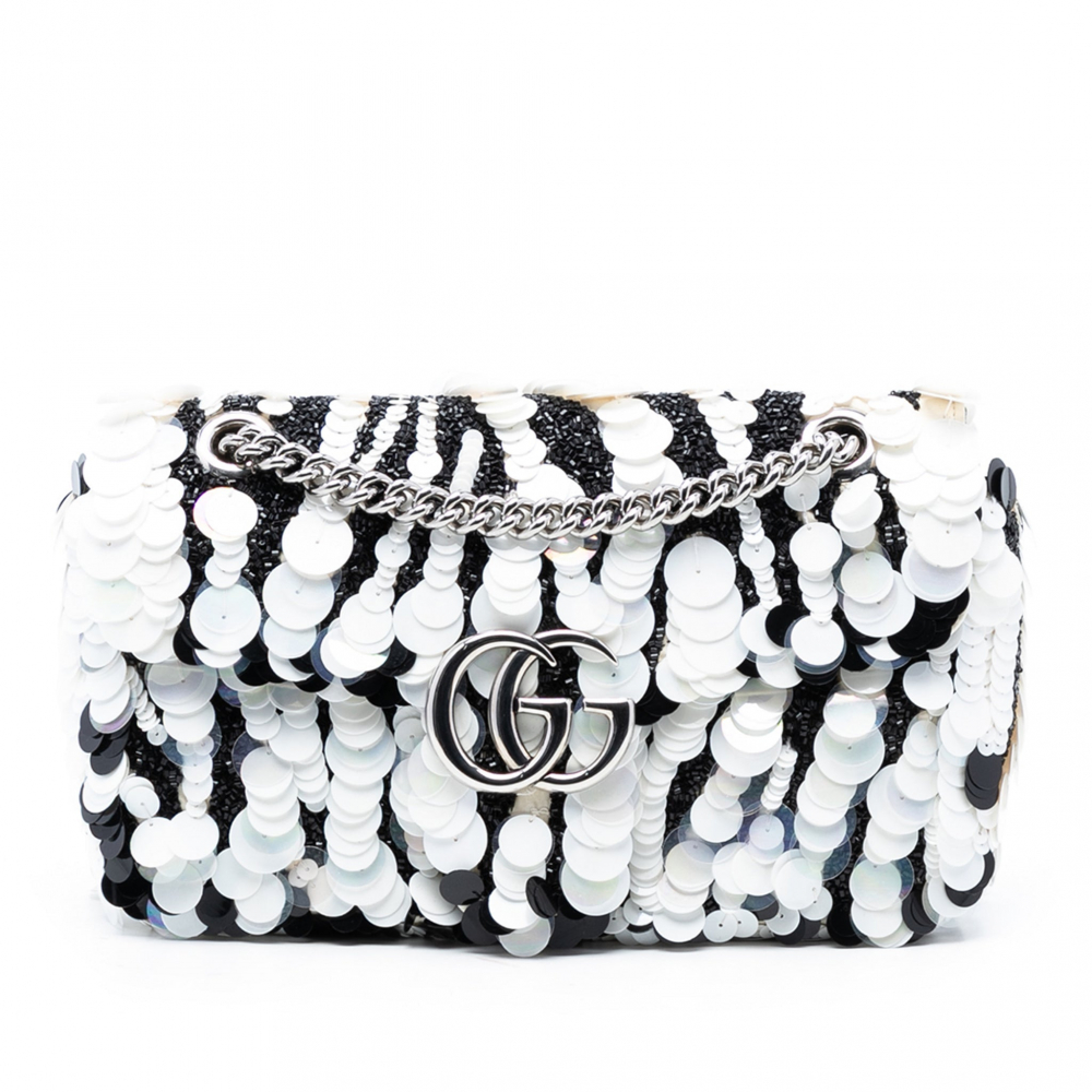 Gucci GG Marmont Small Leather & Sequin Flap Shoulder Bag Black & White