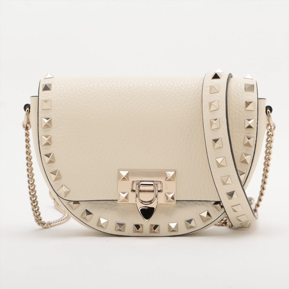 Valentino Rockstuds Leather Saddle Bag Beige