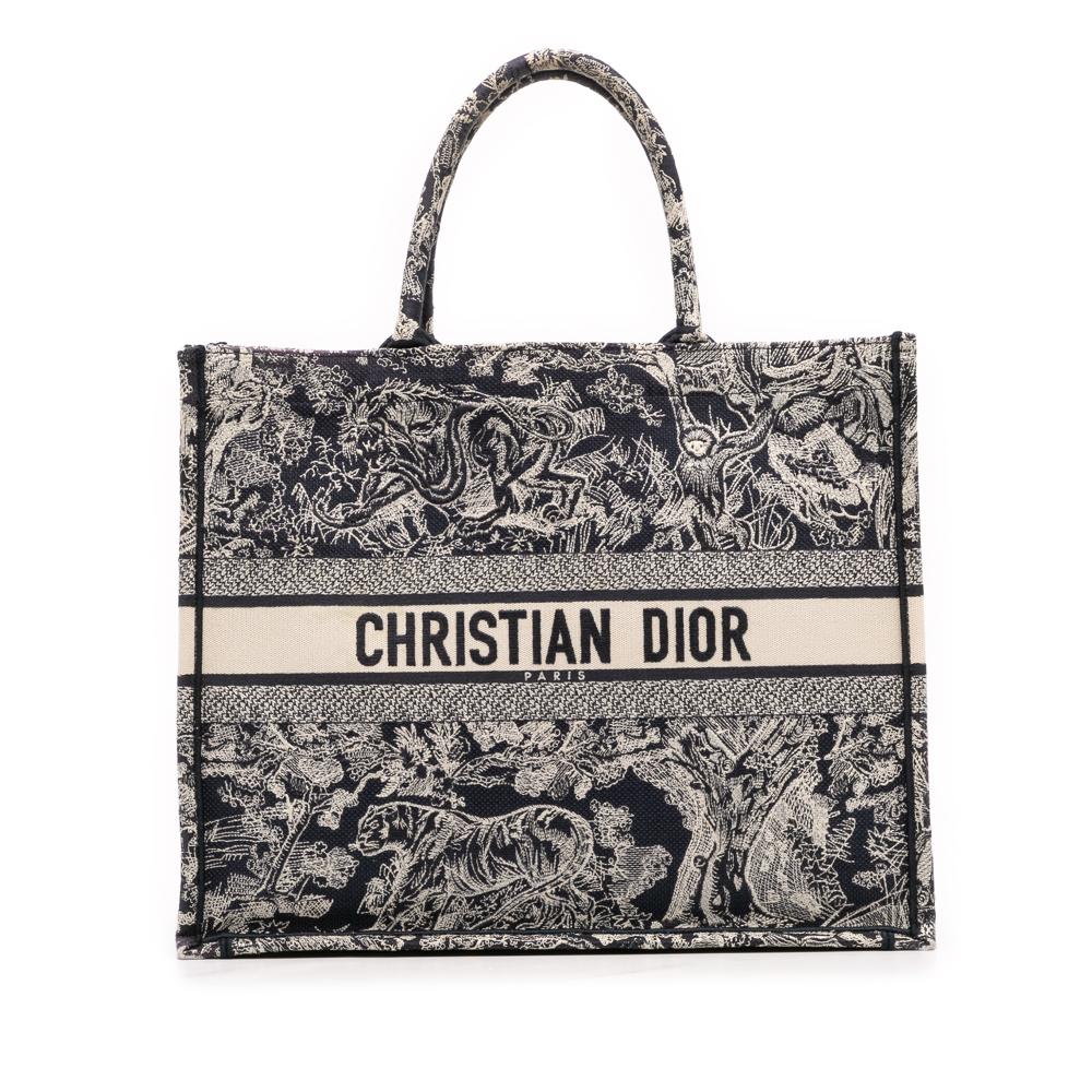 Christian Dior B Dior Blue Navy Canvas Fabric Large Toile de Jouy Reverse Embroidered Book Tote Italy