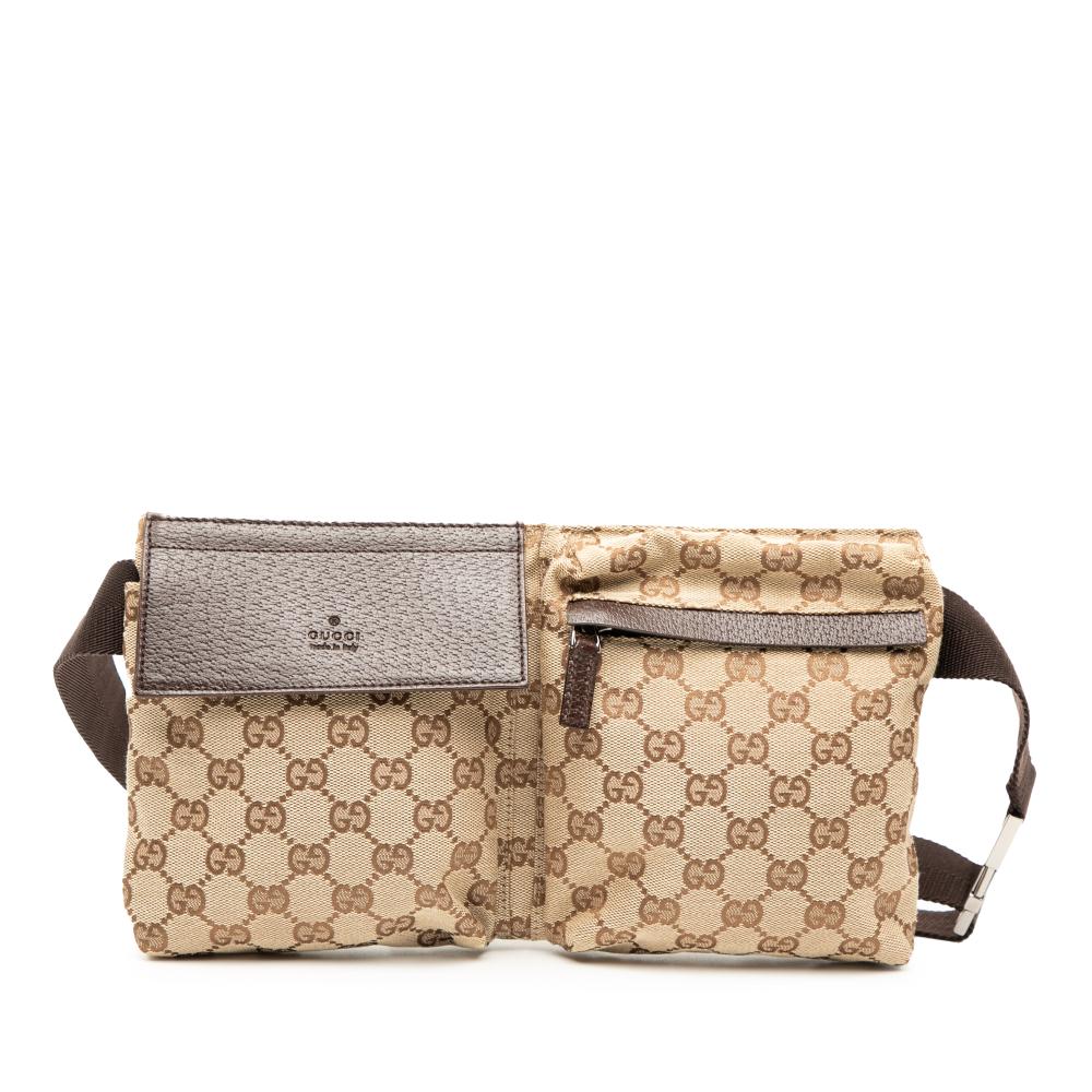 Gucci B Gucci Brown Beige Canvas Fabric GG Double Pocket Belt Bag Italy