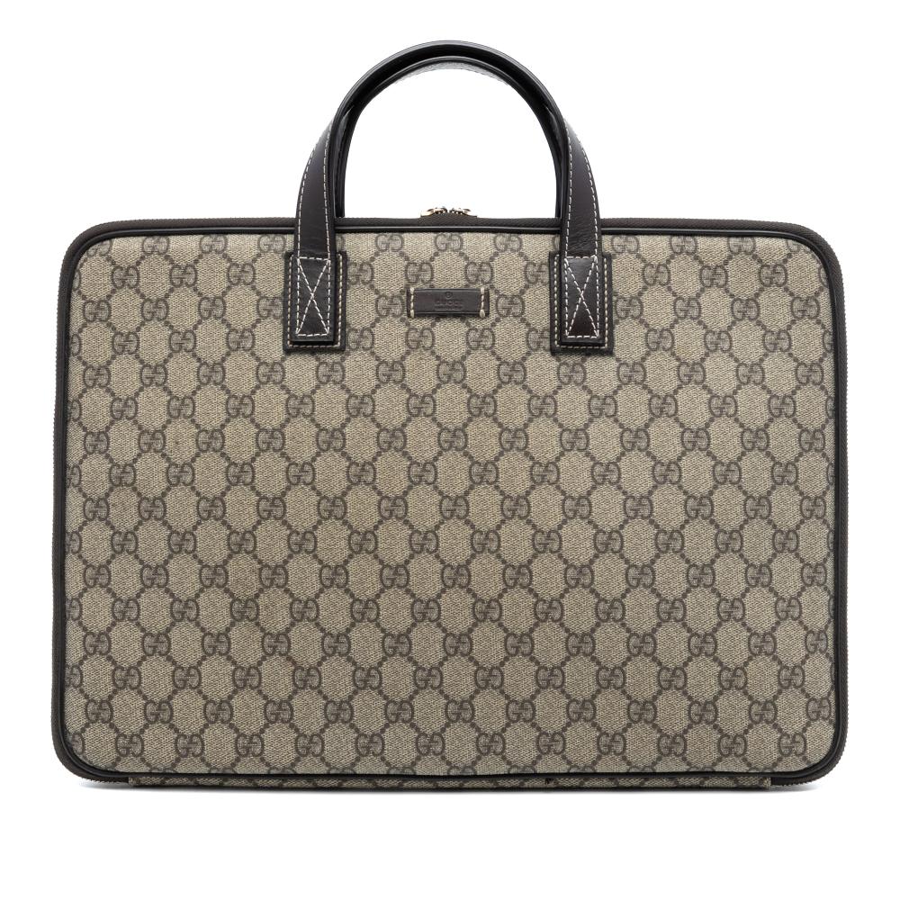 Gucci AB Gucci Brown Beige Coated Canvas Fabric GG Supreme Briefcase Italy
