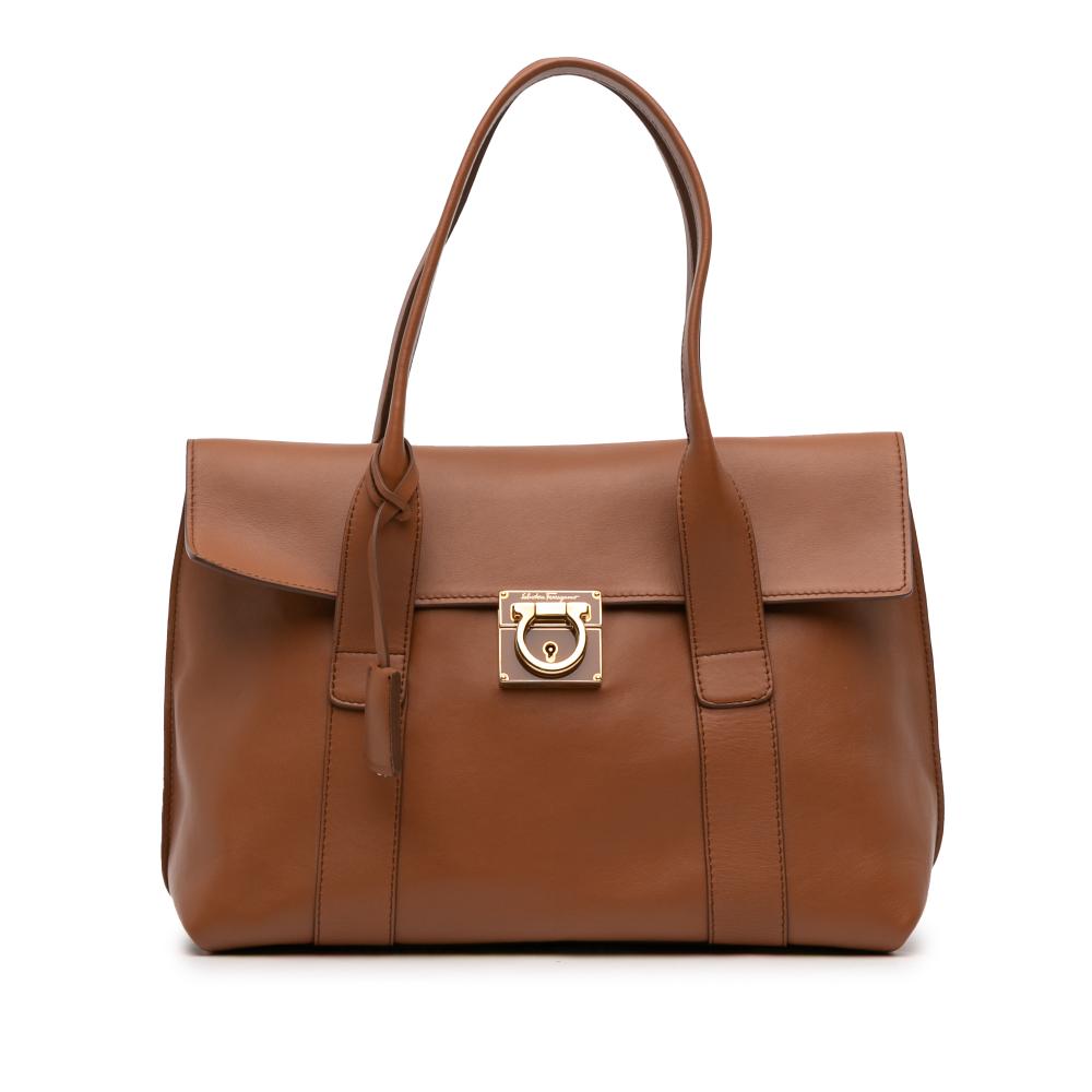 Ferragamo B Ferragamo Brown Calf Leather Gancini Sookie Tote Italy
