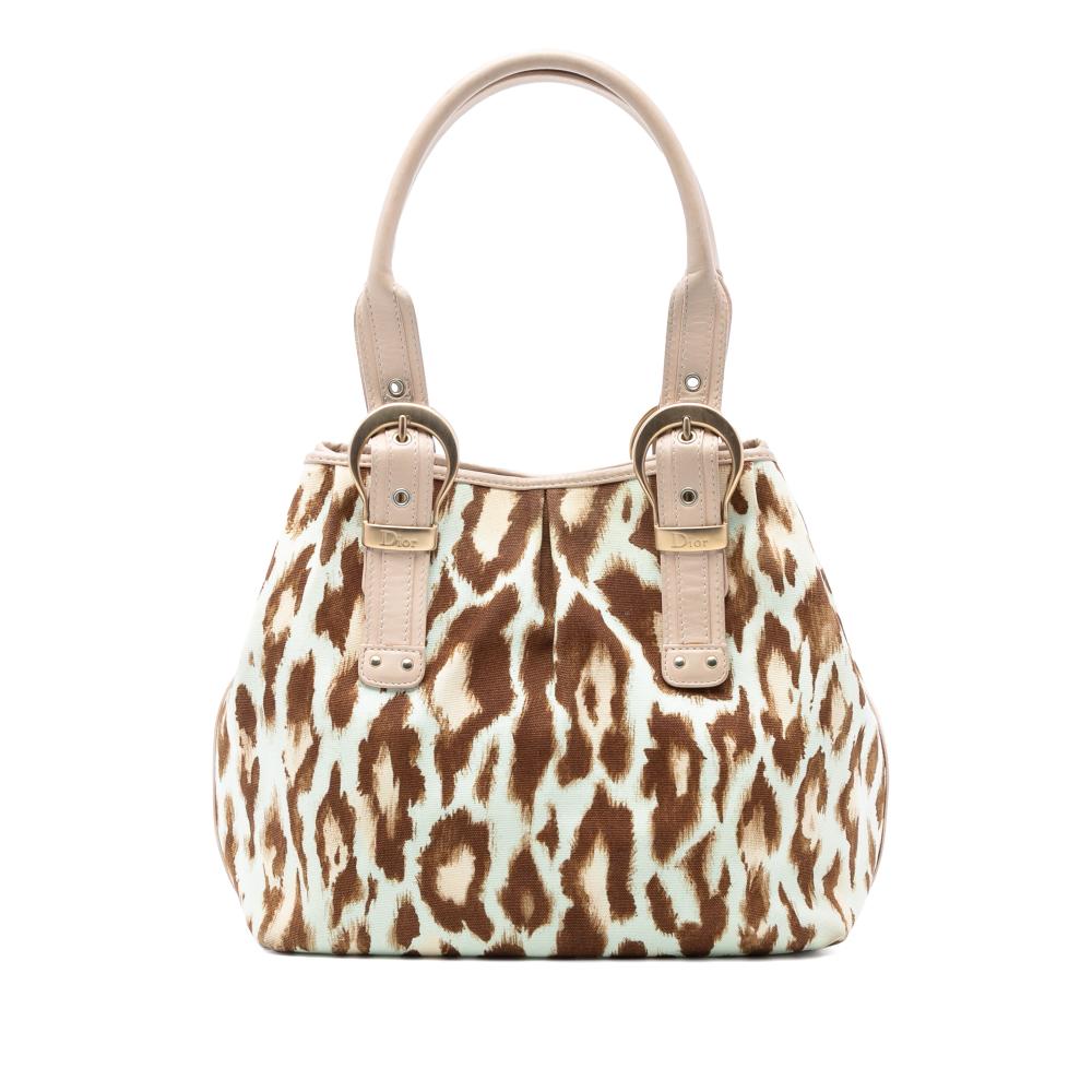 Christian Dior B Dior Brown Beige Canvas Fabric Leopard Print Saint Tropez Tote Italy