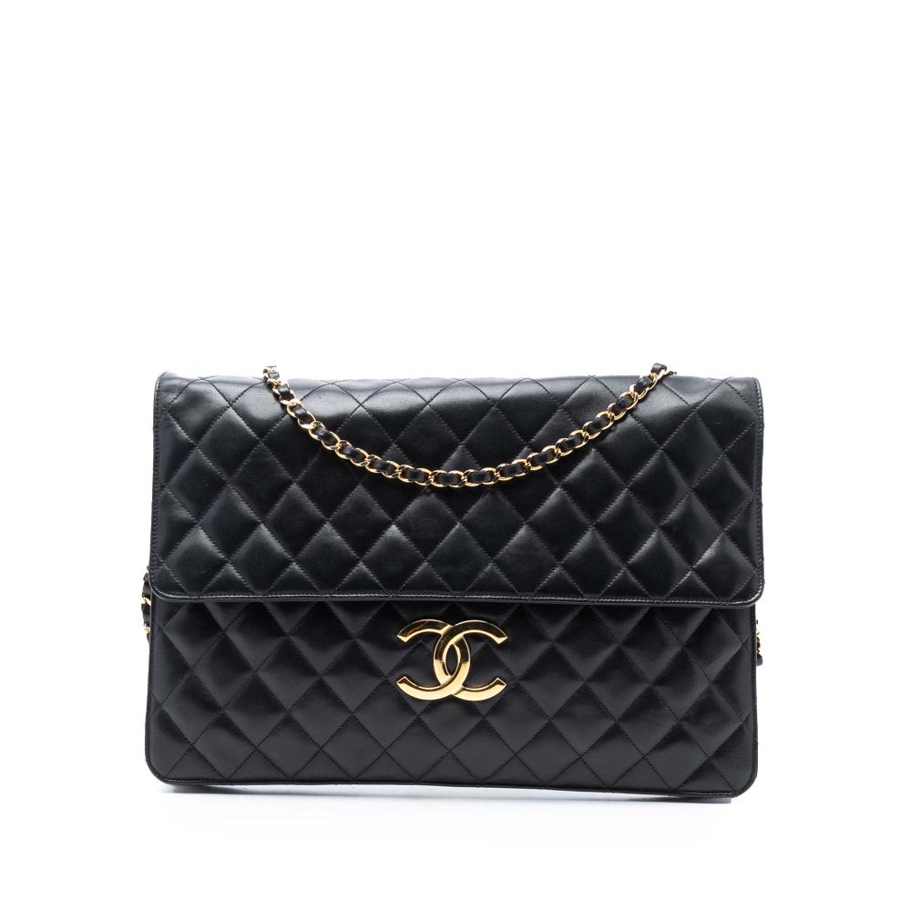 Chanel B Chanel Black Lambskin Leather Leather Maxi XL Quilted Lambskin Clutch with Chain Italy