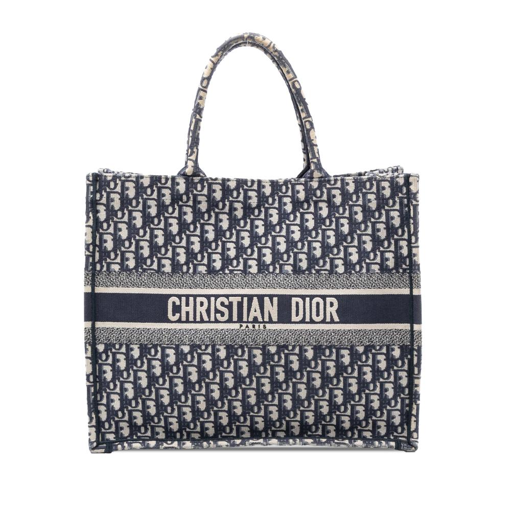 Christian Dior B Dior Blue Navy Canvas Fabric Large Oblique Embroidered Book Tote Italy