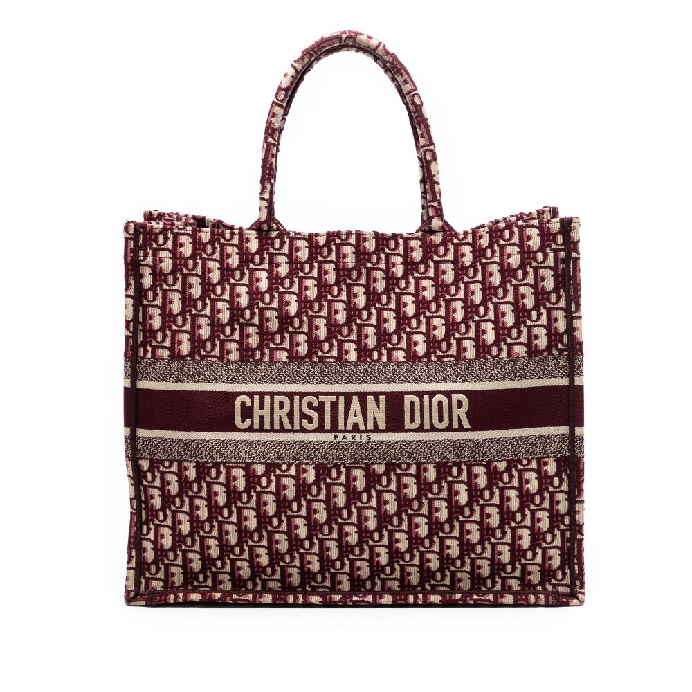 Christian Dior B Dior Red Burgundy Canvas Fabric Large Oblique Embroidered Book Tote Italy
