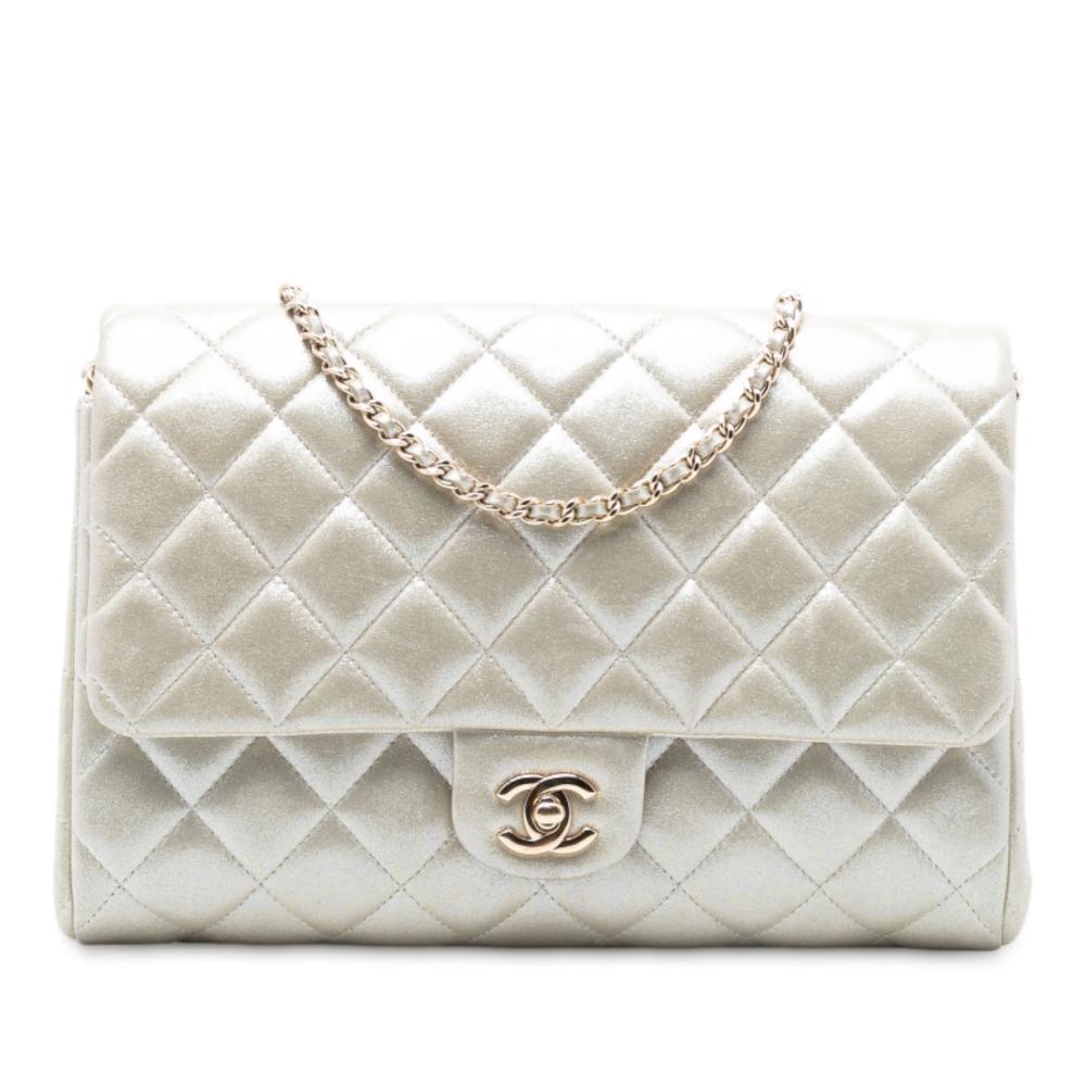 Chanel B Chanel Gold Light Gold Calf Leather CC Quilted Metallic Lambskin Flap Clutch on Chain France
