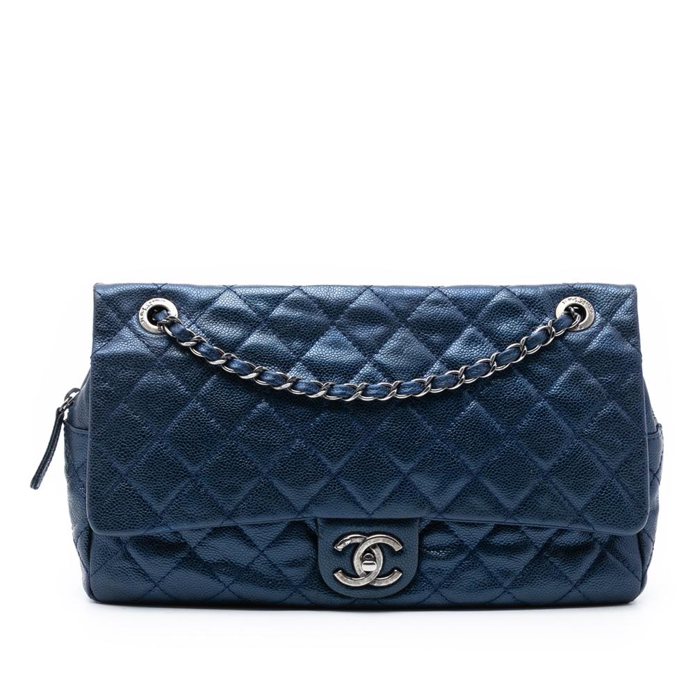 Chanel B Chanel Blue Dark Blue Caviar Leather Leather Jumbo Quilted Iridescent Caviar Easy Flap Italy