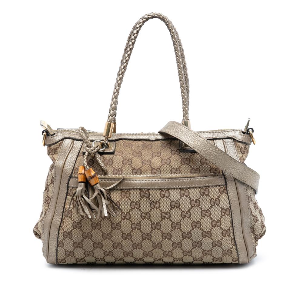 Gucci B Gucci Brown Beige Canvas Fabric GG Bella Satchel Italy
