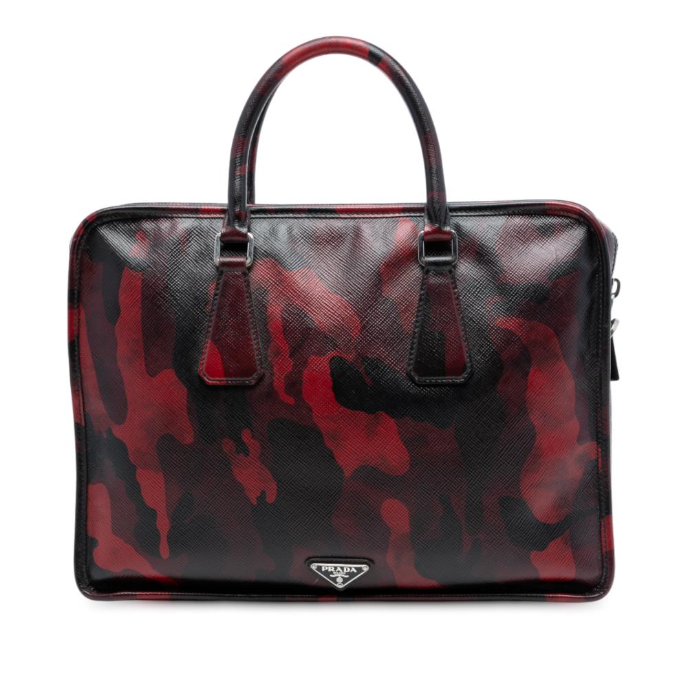 Prada B Prada Red Saffiano Leather Camouflage Print Briefcase Italy