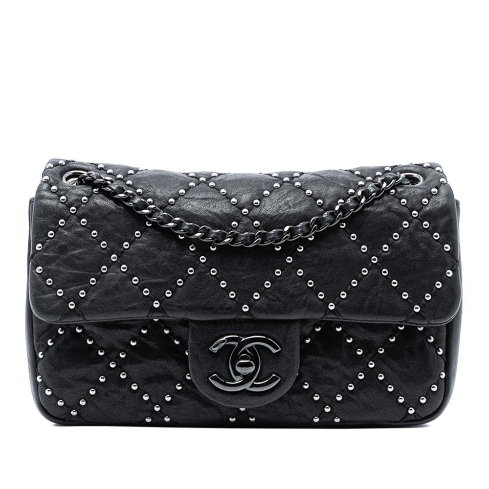 Chanel AB Chanel Black Calf Leather Small Quilted Distressed skin Studded Metal Beauty Flap Italy