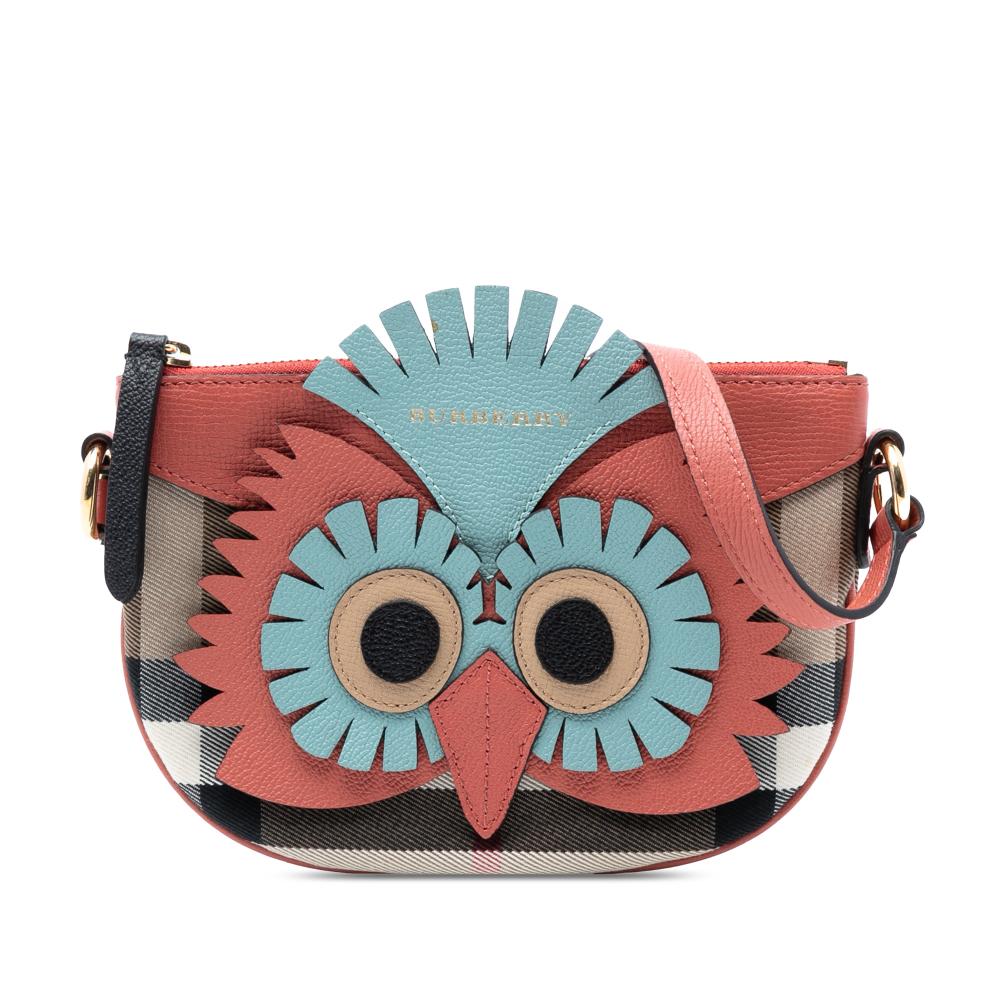 Burberry Brown Beige Canvas Fabric The Beast House Check and Leather Cocoa Owl Shoulder Bag Romania