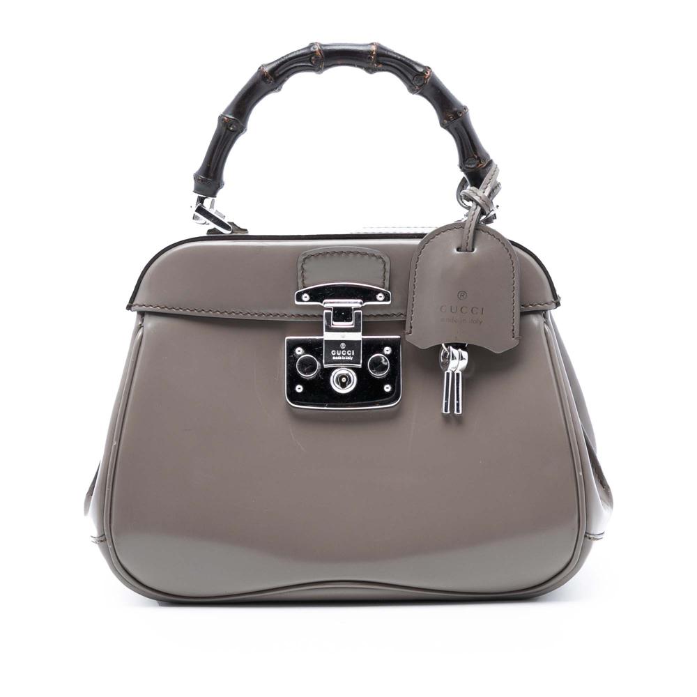 Gucci AB Gucci Gray Calf Leather Mini Polished Bamboo Lady Lock Top Handle Bag Italy