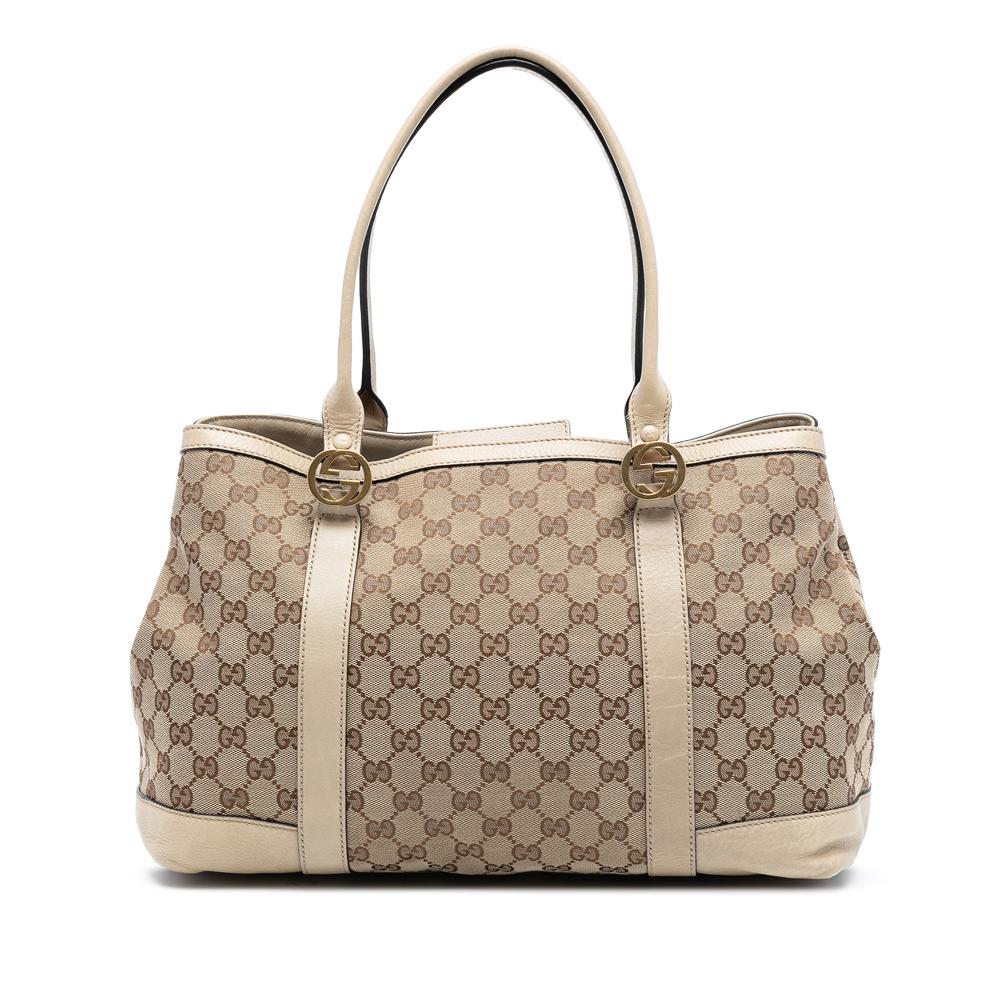 Gucci B Gucci Brown Beige Canvas Fabric GG Miss GG Tote Italy