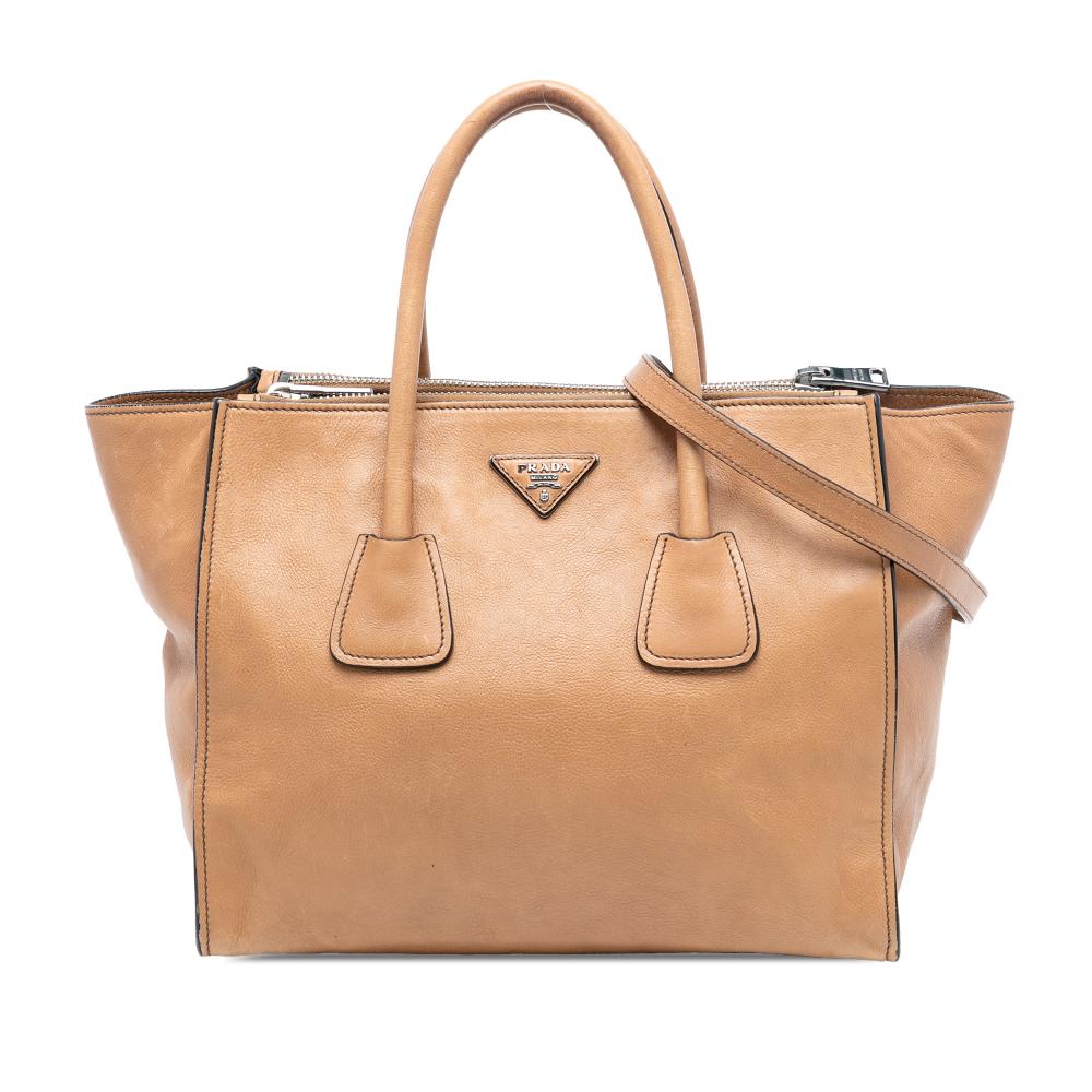 Prada B Prada Brown Light Brown Calf Leather Glace Twin Pocket Double Handle Satchel Italy