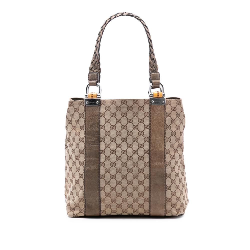 Gucci B Gucci Brown Beige Canvas Fabric Large GG Bamboo Libeccio Tote Italy